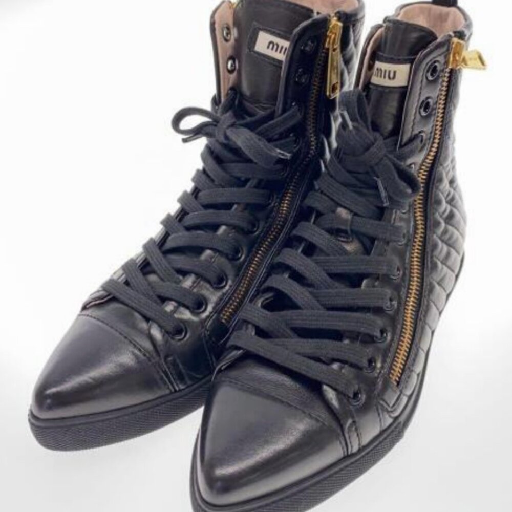 Miu Miu Black Leather Quilted High-Top Sneakers with Gold Details Size EU 40